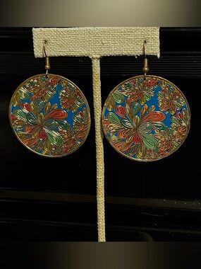 Colorful Floral Round Dangle Earrings - Turquoise Multicolor